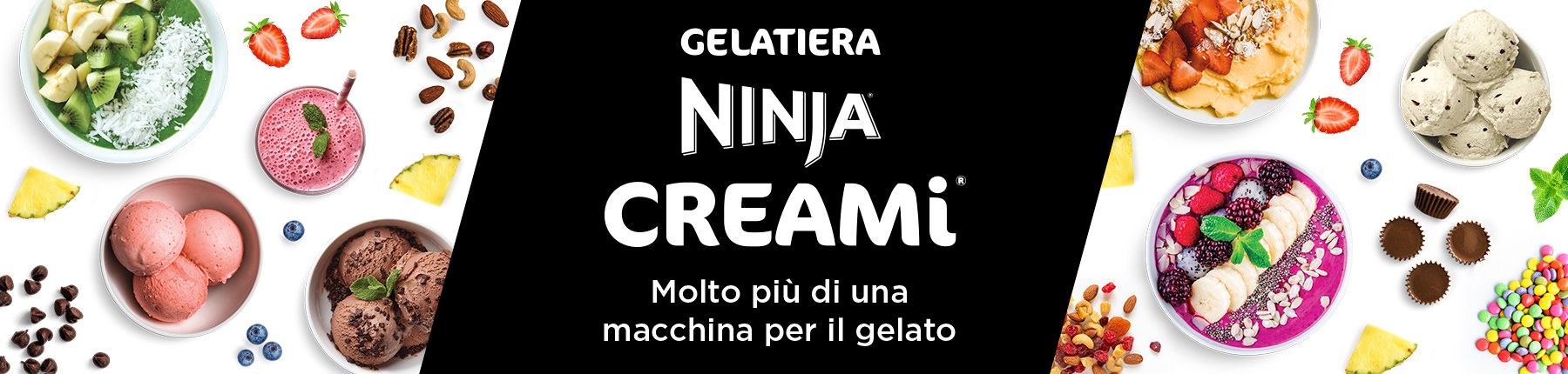 Informazioni sull'utilizzo della gelatiera Ninja Creami. Foto di dessert su un tavolo: gelati, ciotole di frullati, ecc.